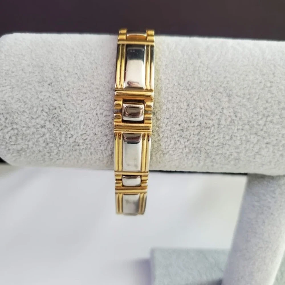 Gold Tone Two-Tone Link Bracelet Silver Inlay Magnetic Therapy Style 7.5